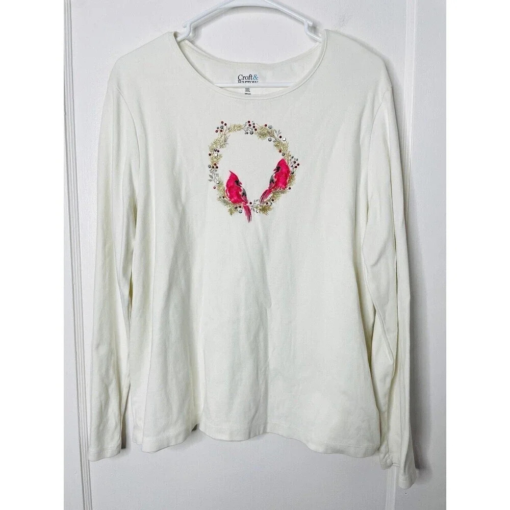 Croft & Barrow Shirt XXL Women Cardinal Bird Rhinestones Stretch Watercolor Soft